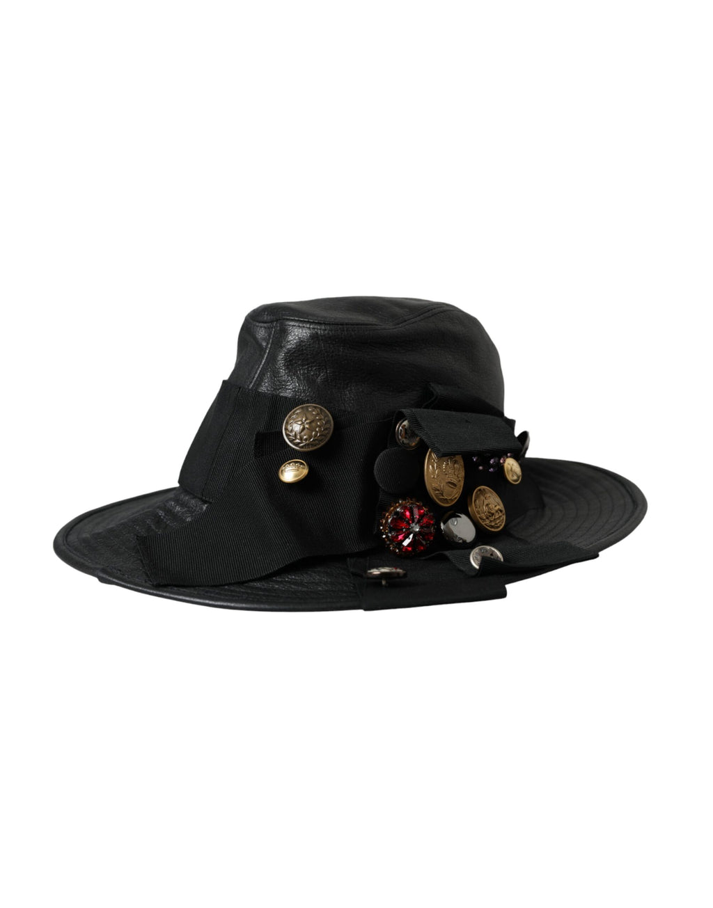 Dolce & Gabbana Black Leather DG Coin Crystal Wide-Brim Hat