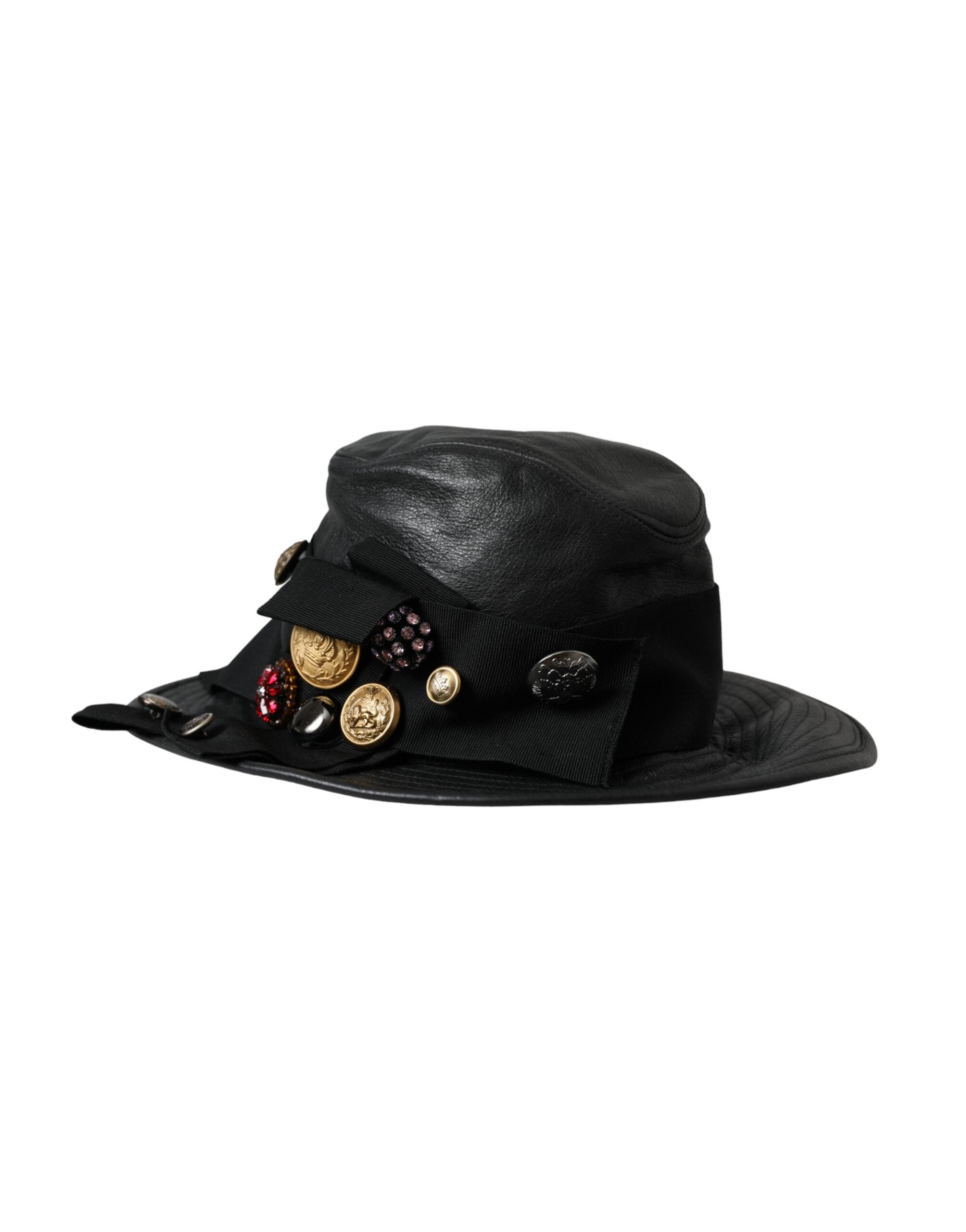 Dolce & Gabbana Black Leather DG Coin Crystal Wide-Brim Hat