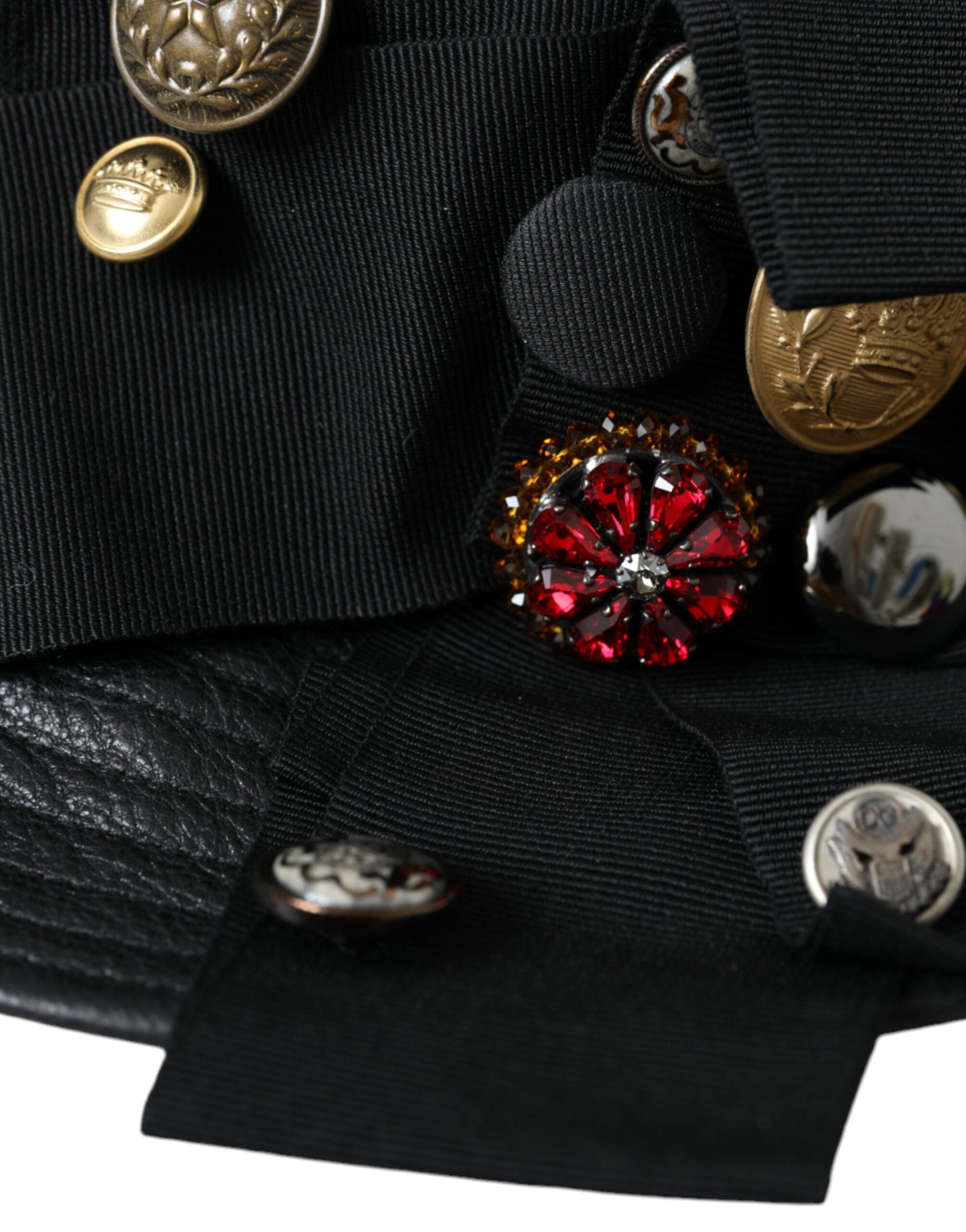 Dolce & Gabbana Black Leather DG Coin Crystal Wide-Brim Hat