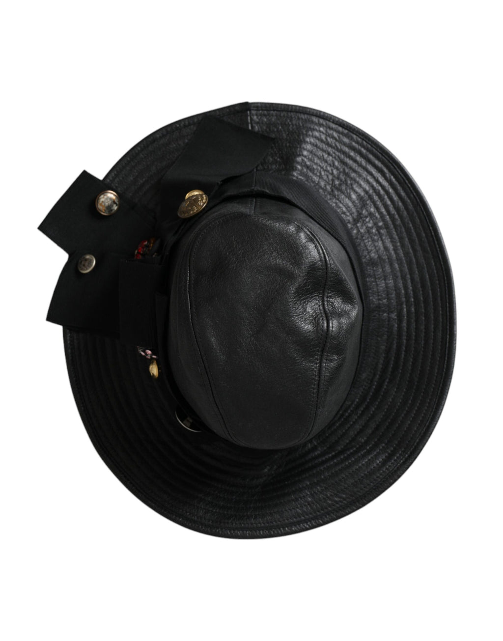 Dolce & Gabbana Black Leather DG Coin Crystal Wide-Brim Hat