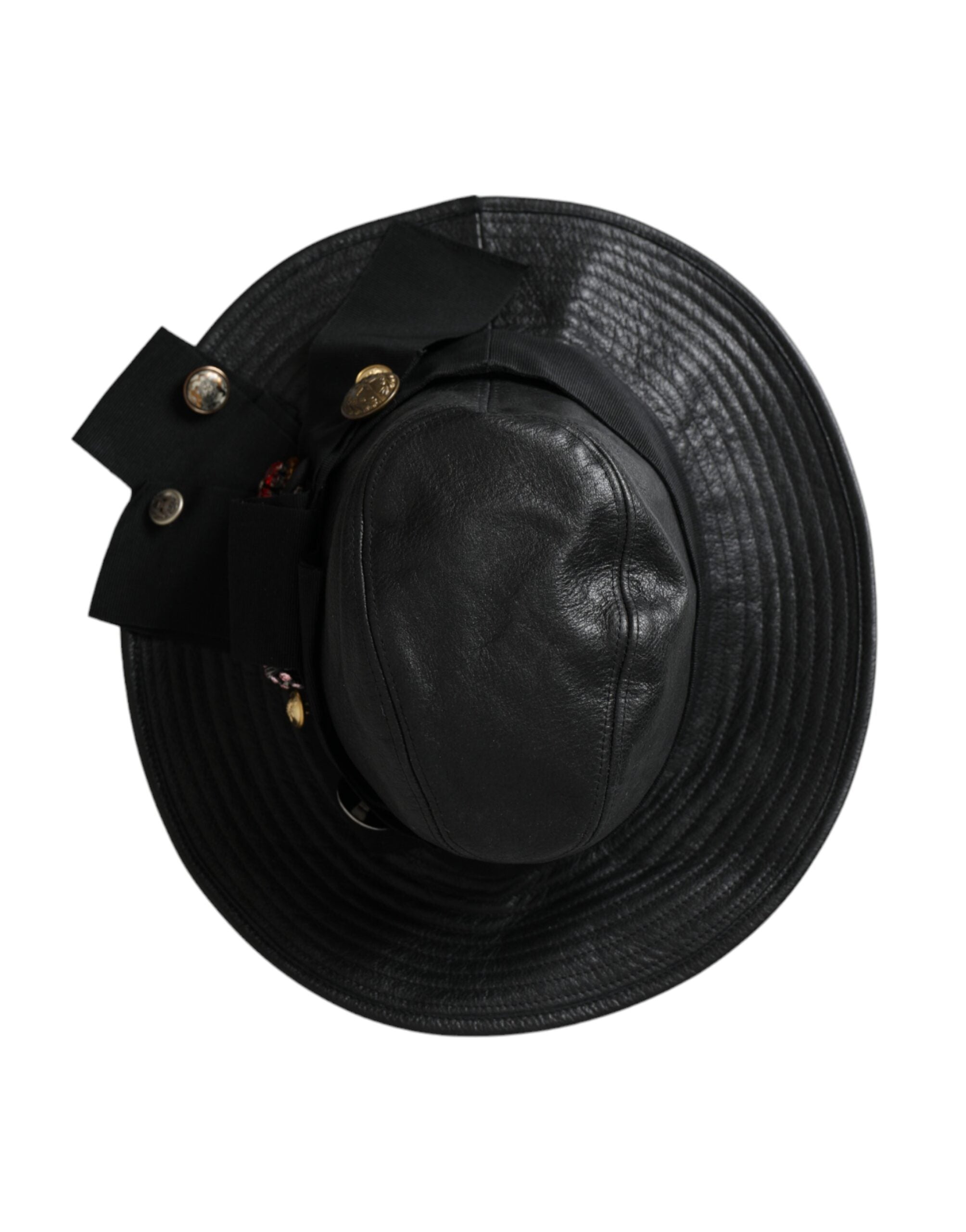 Dolce & Gabbana Black Leather DG Coin Crystal Wide-Brim Hat