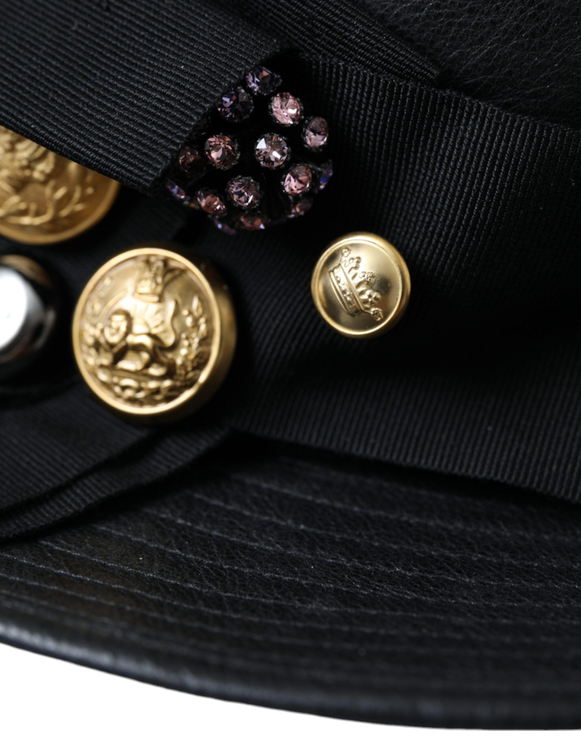 Dolce & Gabbana Black Leather DG Coin Crystal Wide-Brim Hat