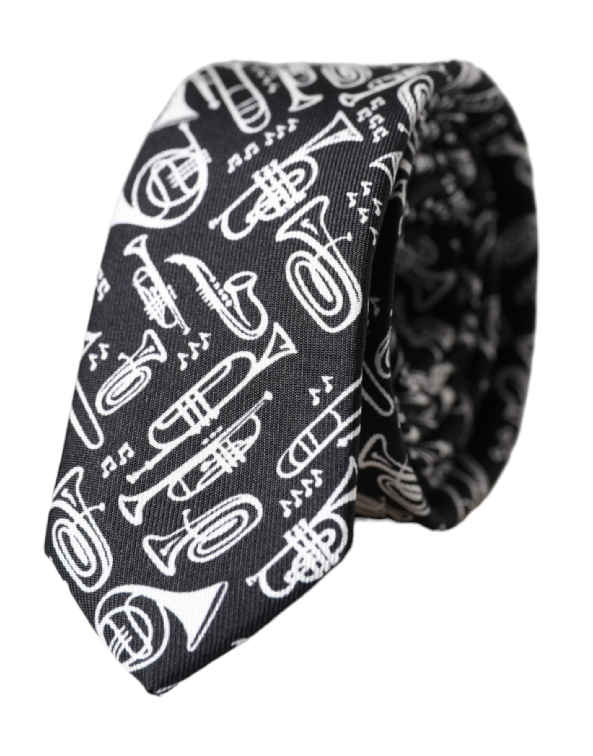 Dolce & Gabbana Black Silk Trumpet Print Tie, Adjustable