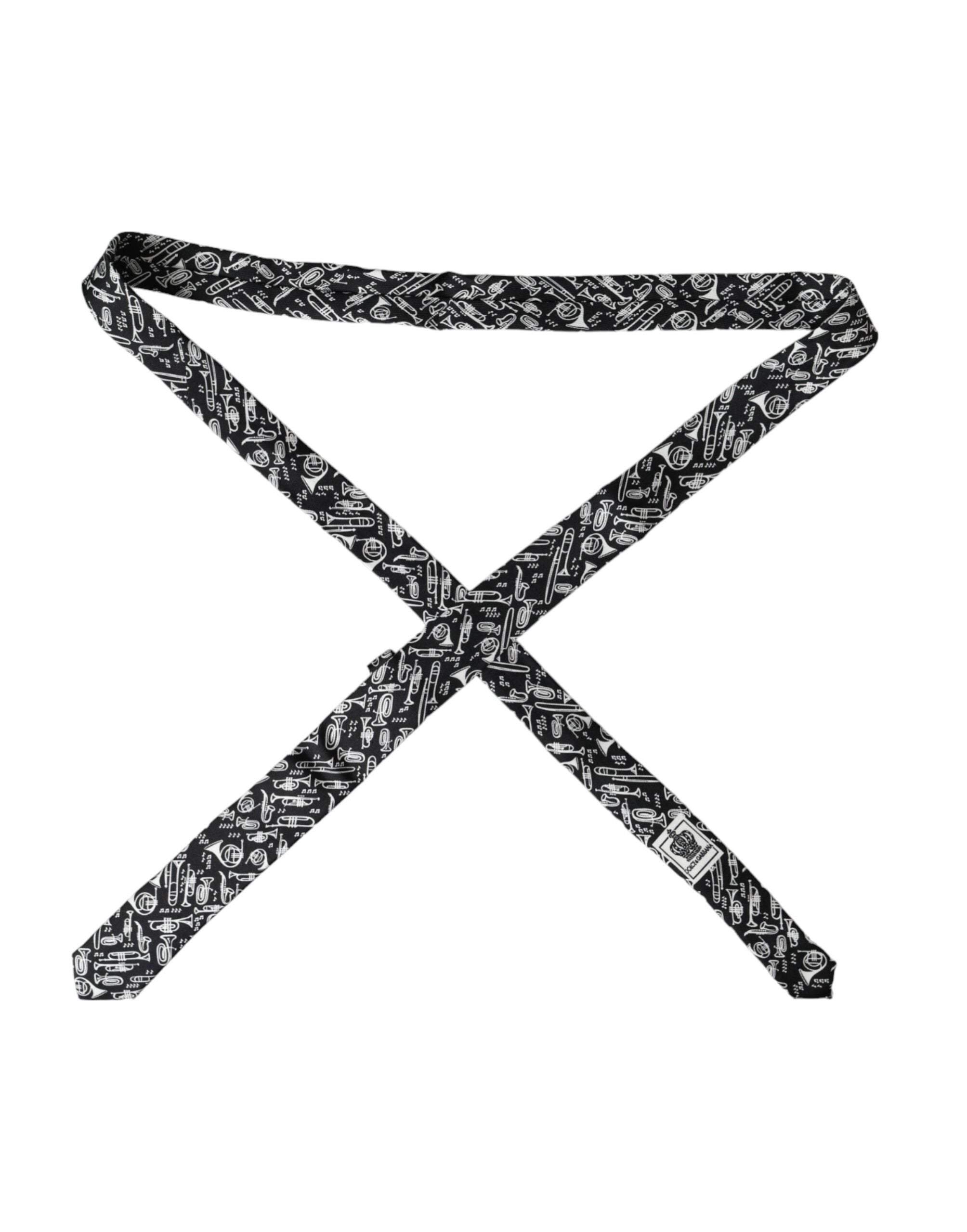 Dolce & Gabbana Black Silk Trumpet Print Tie, Adjustable