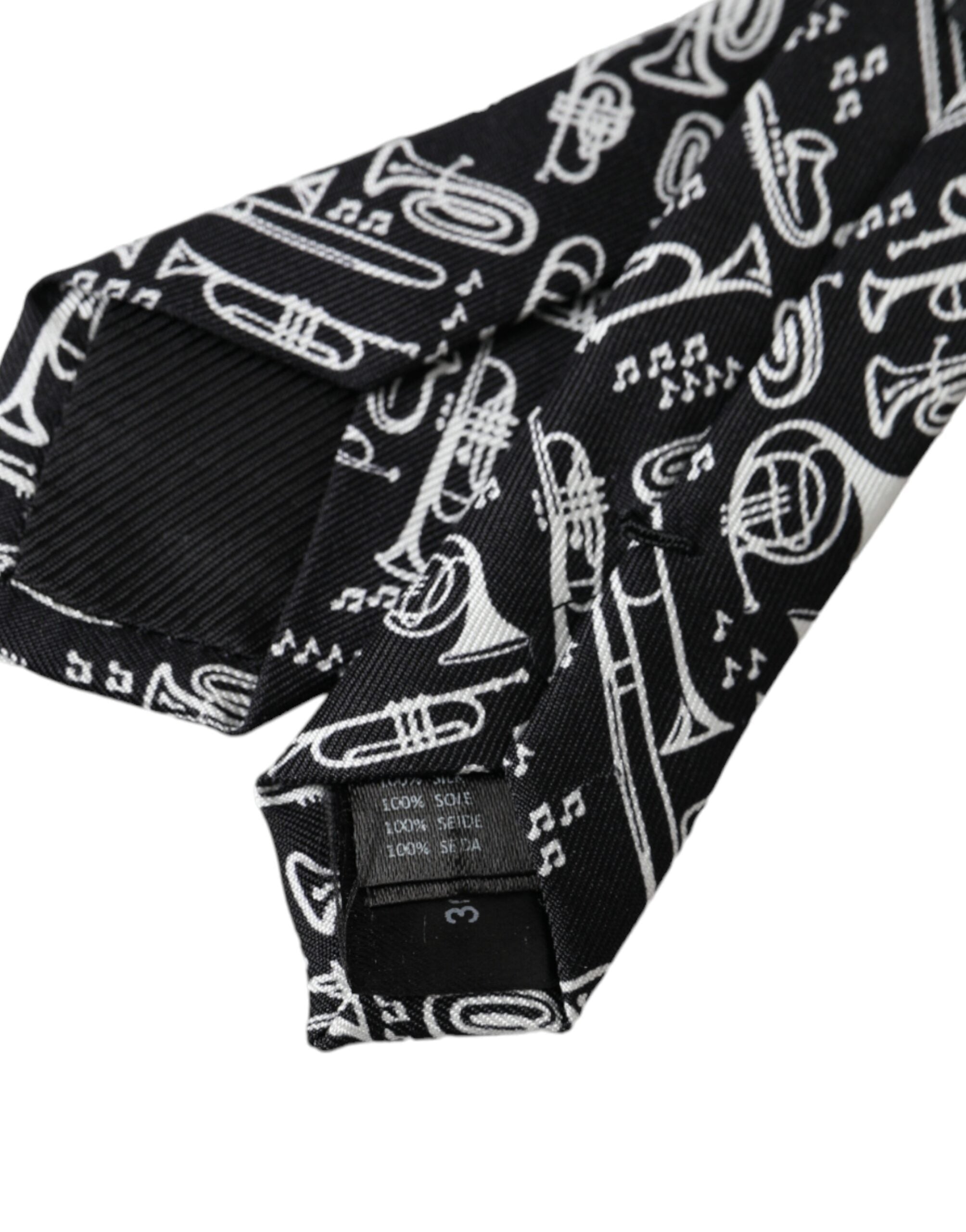 Dolce & Gabbana Black Silk Trumpet Print Tie, Adjustable