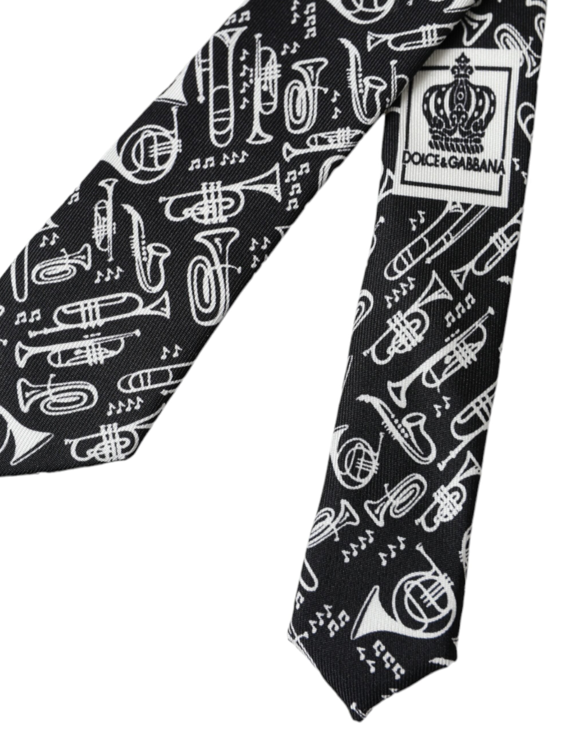 Dolce & Gabbana Black Silk Trumpet Print Tie, Adjustable