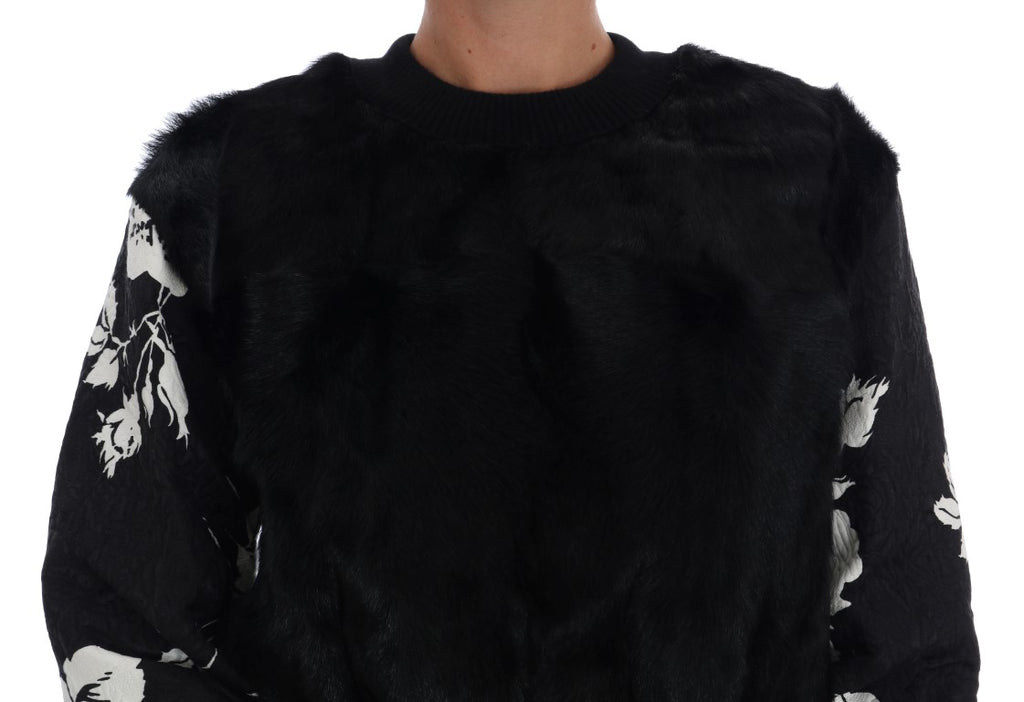 Dolce & Gabbana Schwarzer Pelz Floral Brokat Zipper Pullover
