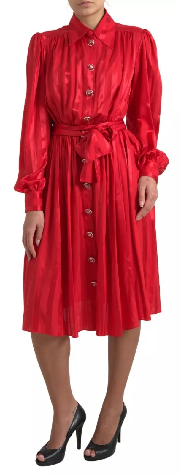 Dolce & Gabbana Red Silk-Blend Satin Midi Dress with Belt and Button Placket
