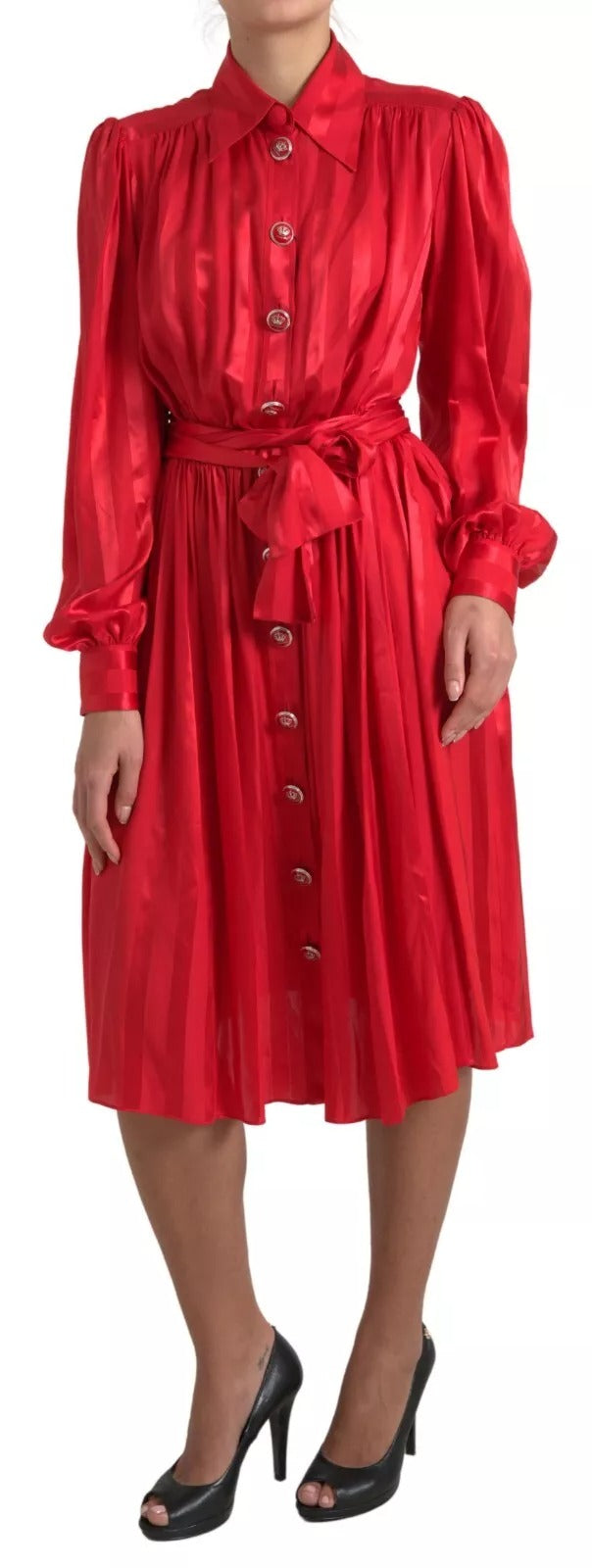 Dolce & Gabbana Red Silk-Blend Satin Midi Dress with Belt and Button Placket