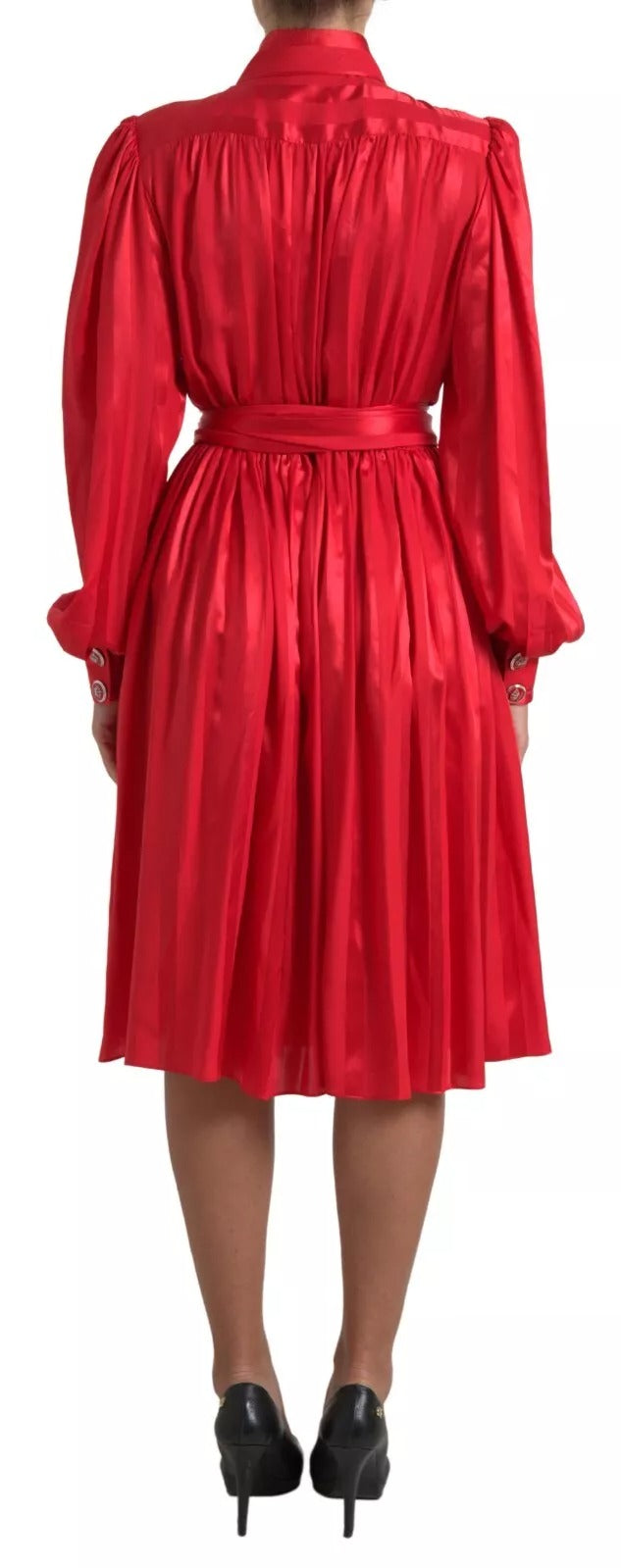 Dolce & Gabbana Red Silk-Blend Satin Midi Dress with Belt and Button Placket