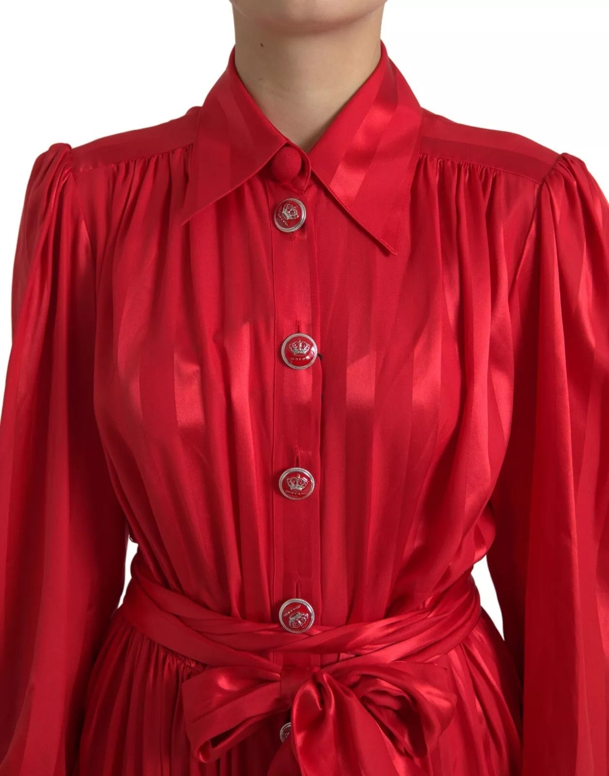 Dolce & Gabbana Red Silk-Blend Satin Midi Dress with Belt and Button Placket