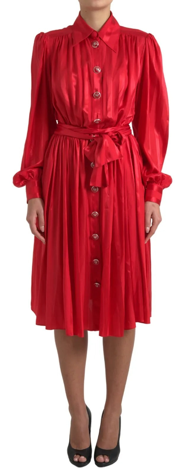Dolce & Gabbana Red Silk-Blend Satin Midi Dress with Belt and Button Placket