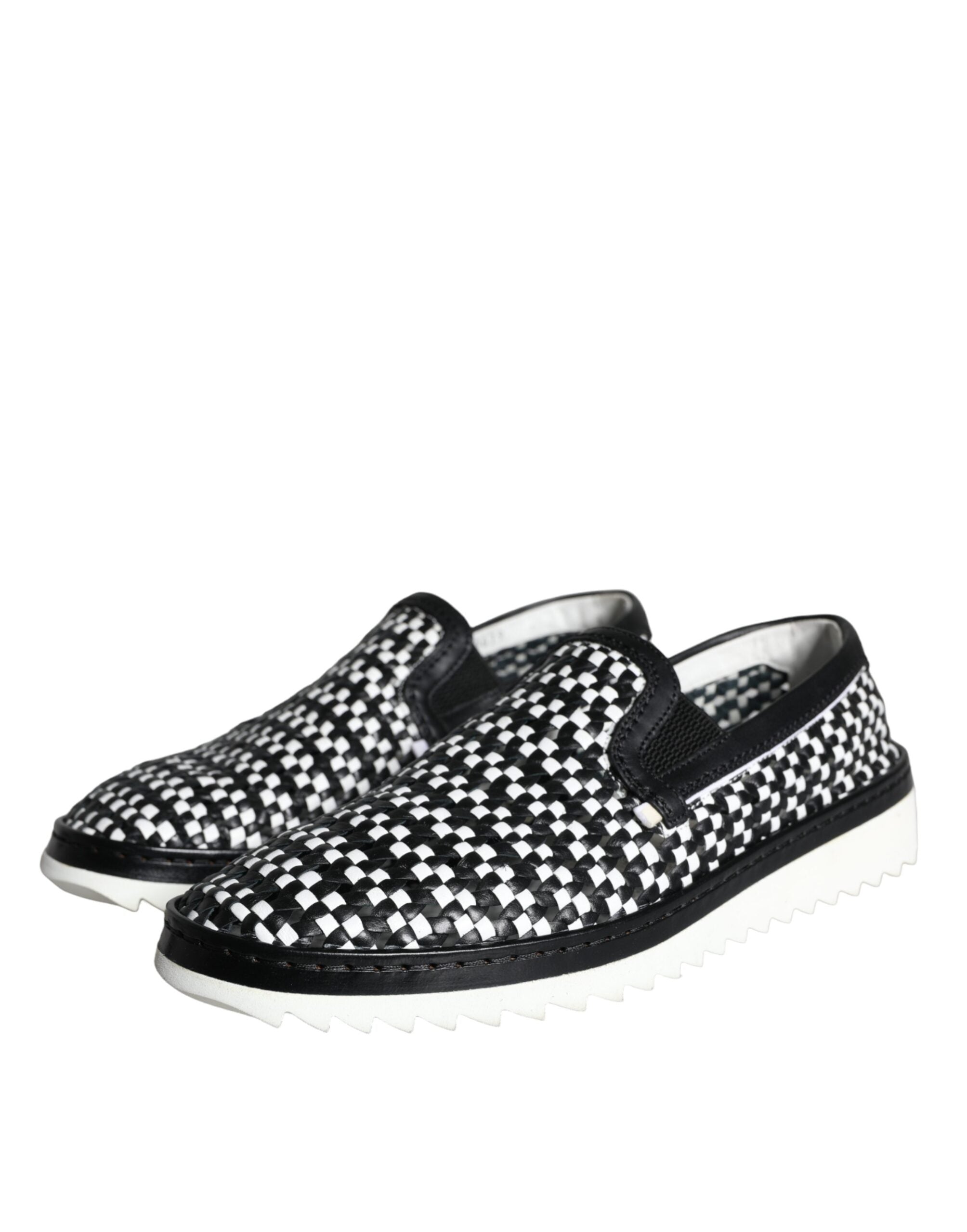 Dolce & Gabbana Black White Weaved Slip On Men's Loafers Shoes