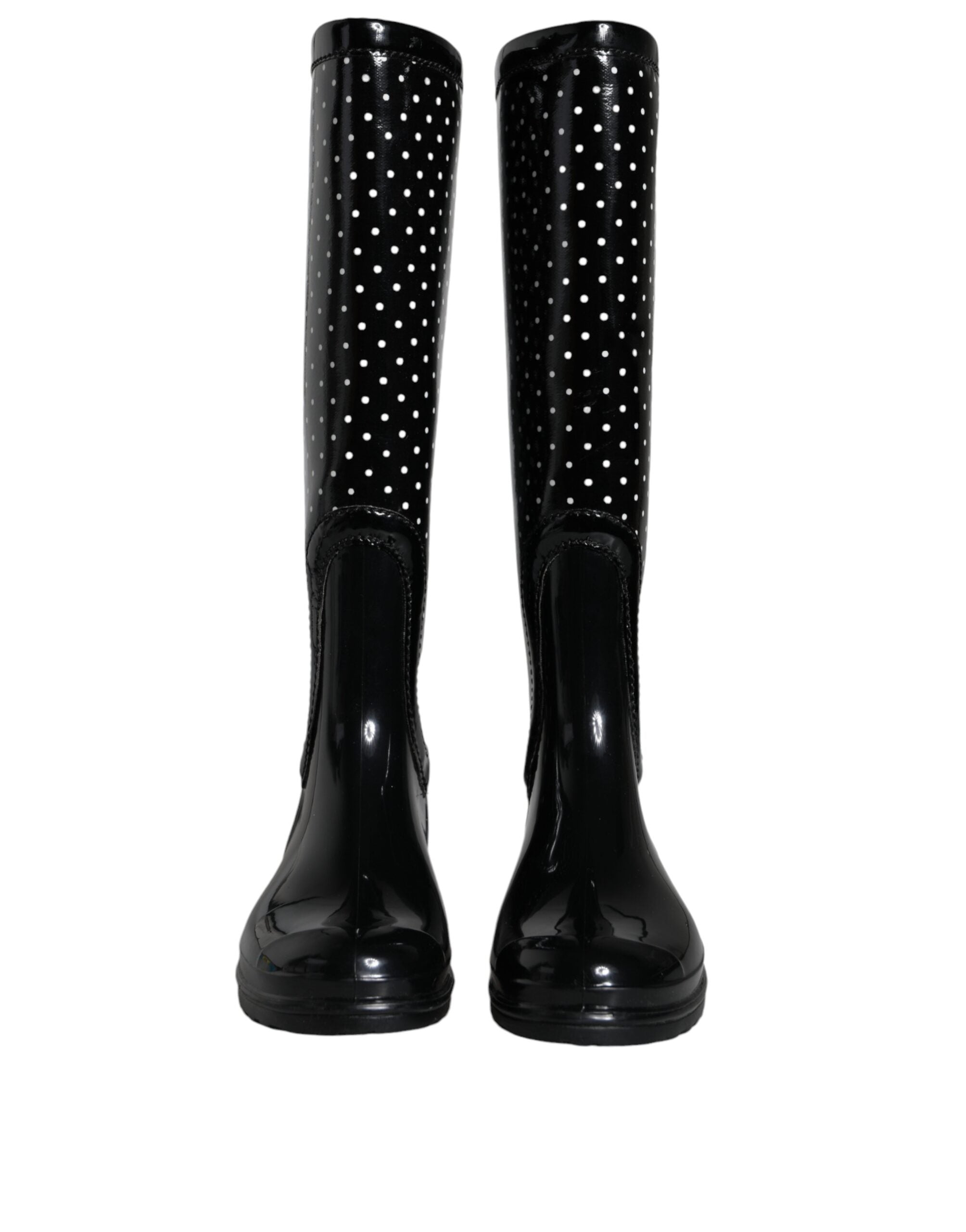 Dolce & Gabbana Black Polka Dot Knee-High Rain Boots Shoes