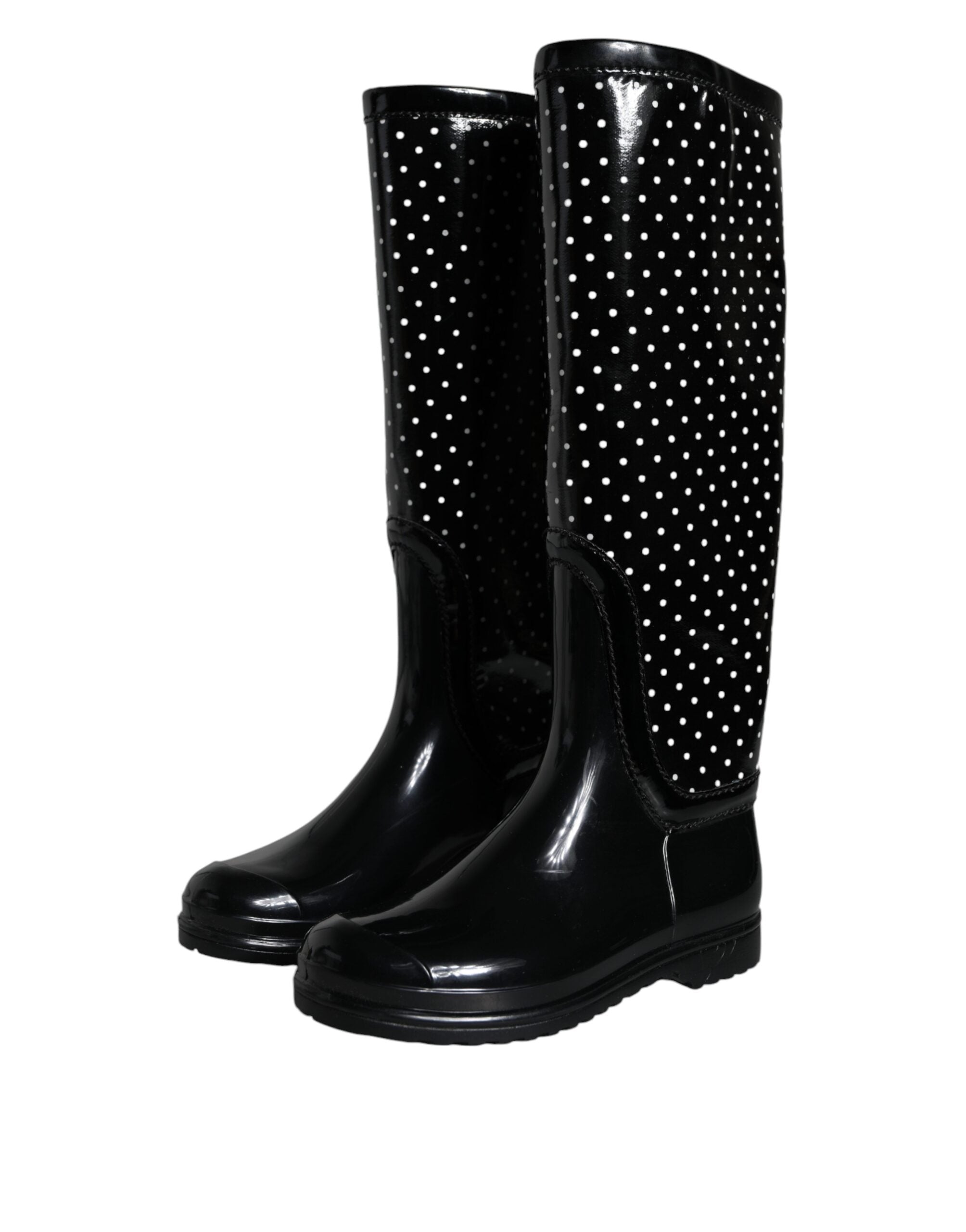 Dolce & Gabbana Black Polka Dot Knee-High Rain Boots Shoes