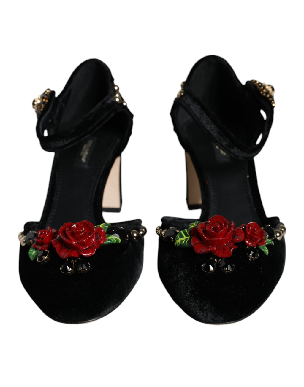 Dolce & Gabbana Black Velvet Rose Ankle Strap Pumps Shoes