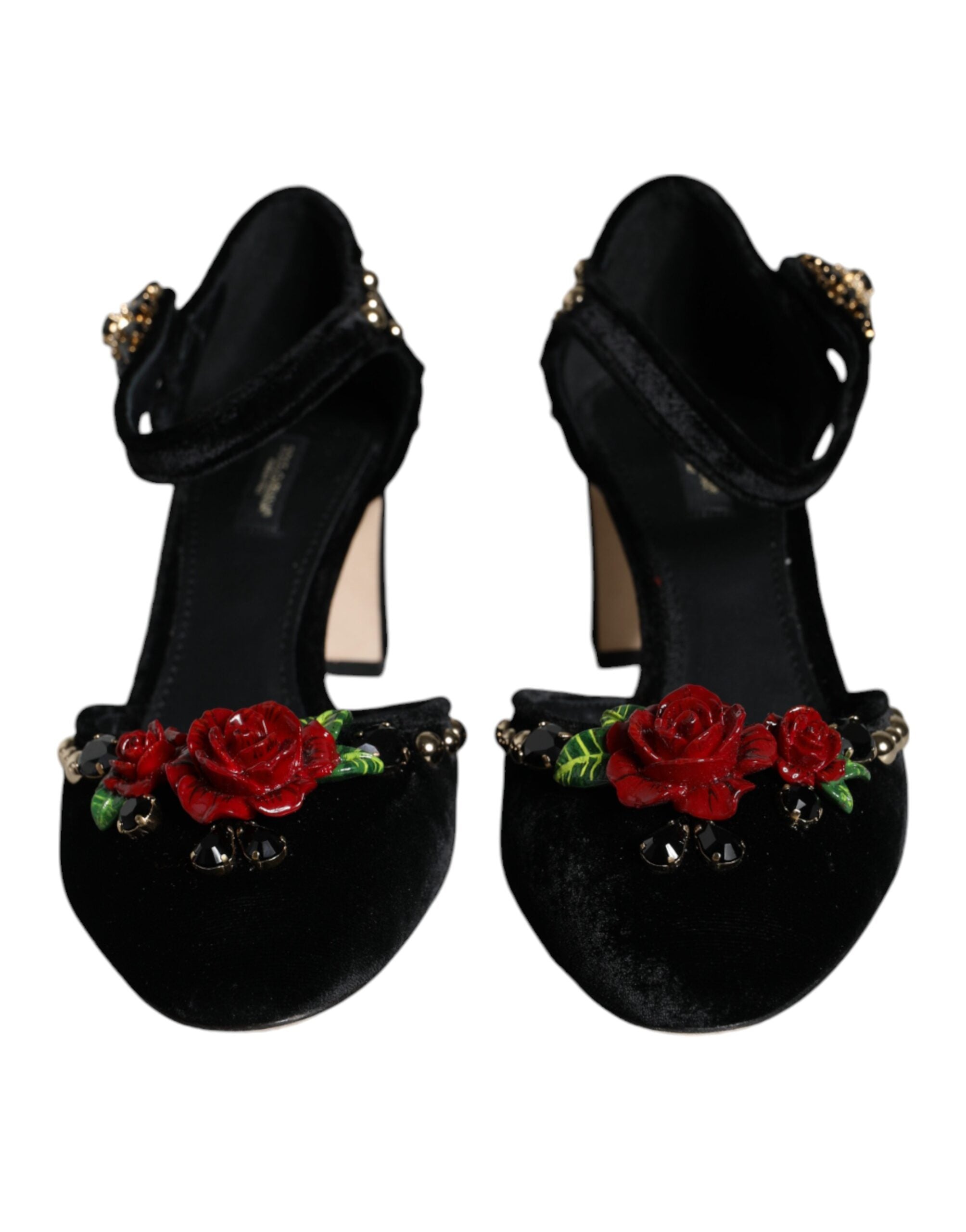 Dolce & Gabbana Black Velvet Rose Ankle Strap Pumps Shoes