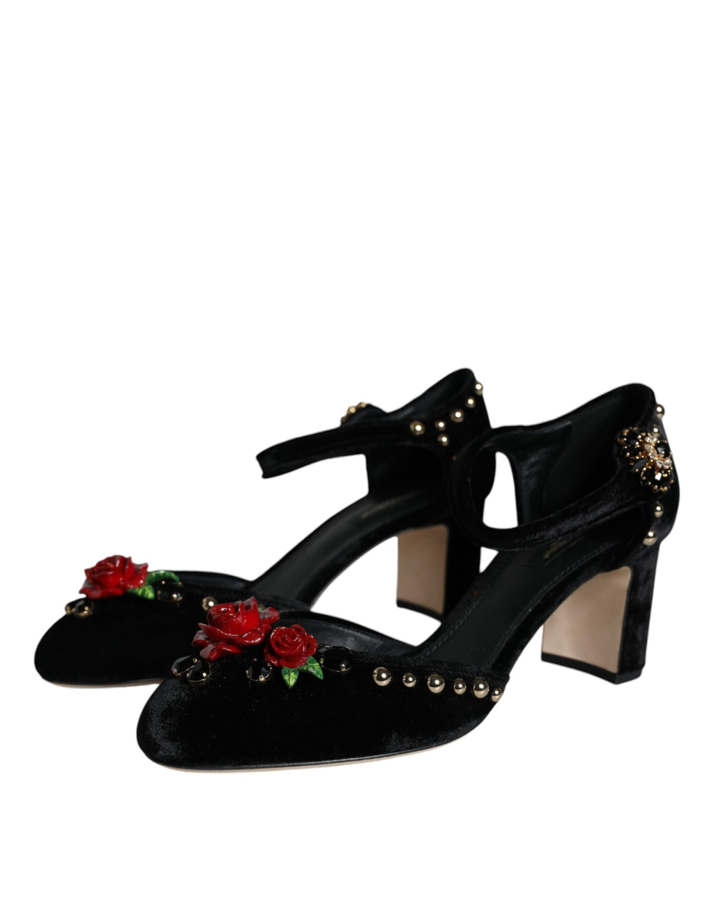Dolce & Gabbana Black Velvet Rose Ankle Strap Pumps Shoes