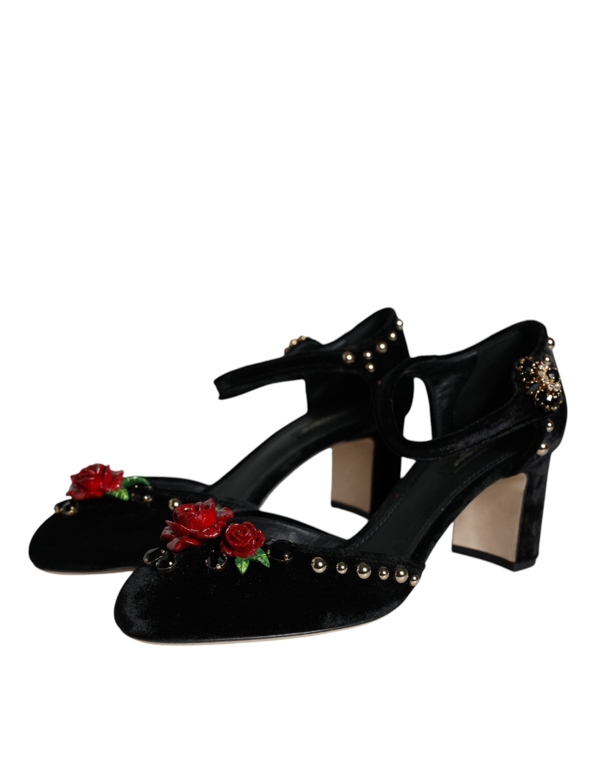 Dolce & Gabbana Black Velvet Rose Ankle Strap Pumps Shoes