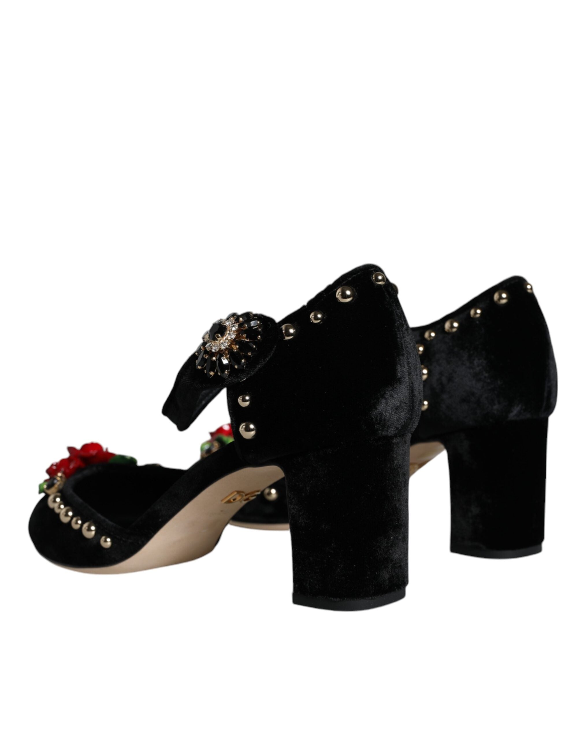 Dolce & Gabbana Black Velvet Rose Ankle Strap Pumps Shoes