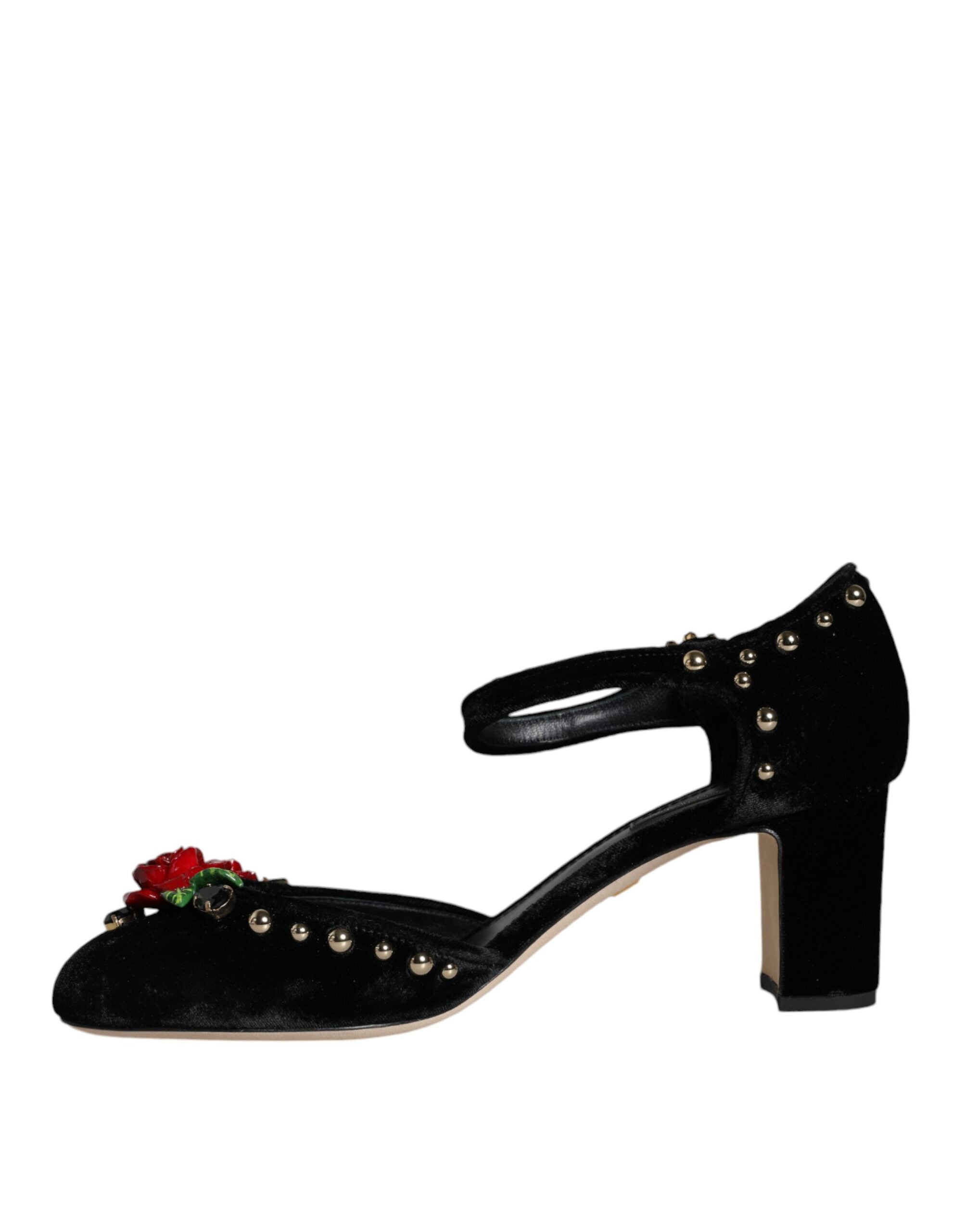 Dolce & Gabbana Black Velvet Rose Ankle Strap Pumps Shoes