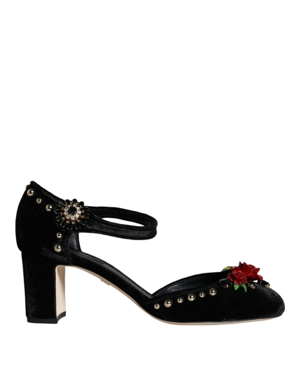 Dolce & Gabbana Black Velvet Rose Ankle Strap Pumps Shoes