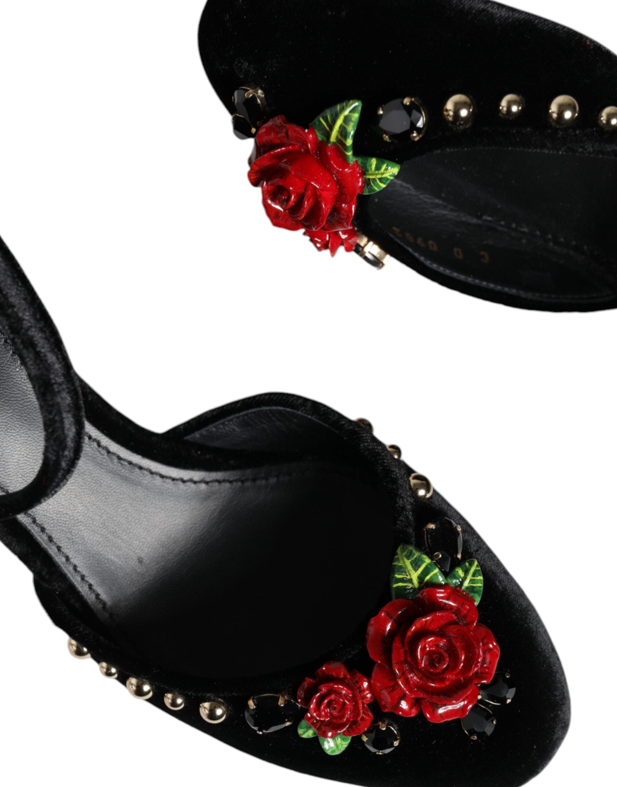 Dolce & Gabbana Black Velvet Rose Ankle Strap Pumps Shoes