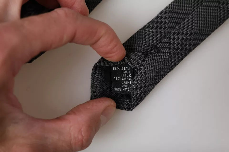 Dolce & Gabbana Dark Grey Plaid Patterned Silk Tie for Men, Adjustable