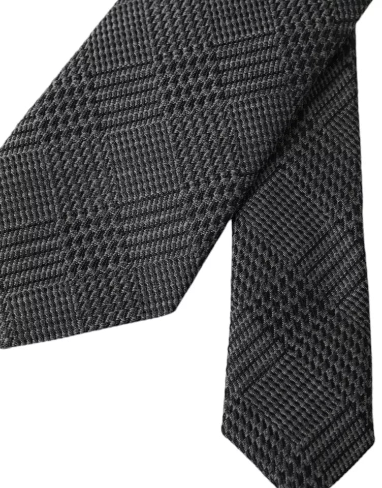 Dolce & Gabbana Dark Grey Plaid Patterned Silk Tie for Men, Adjustable
