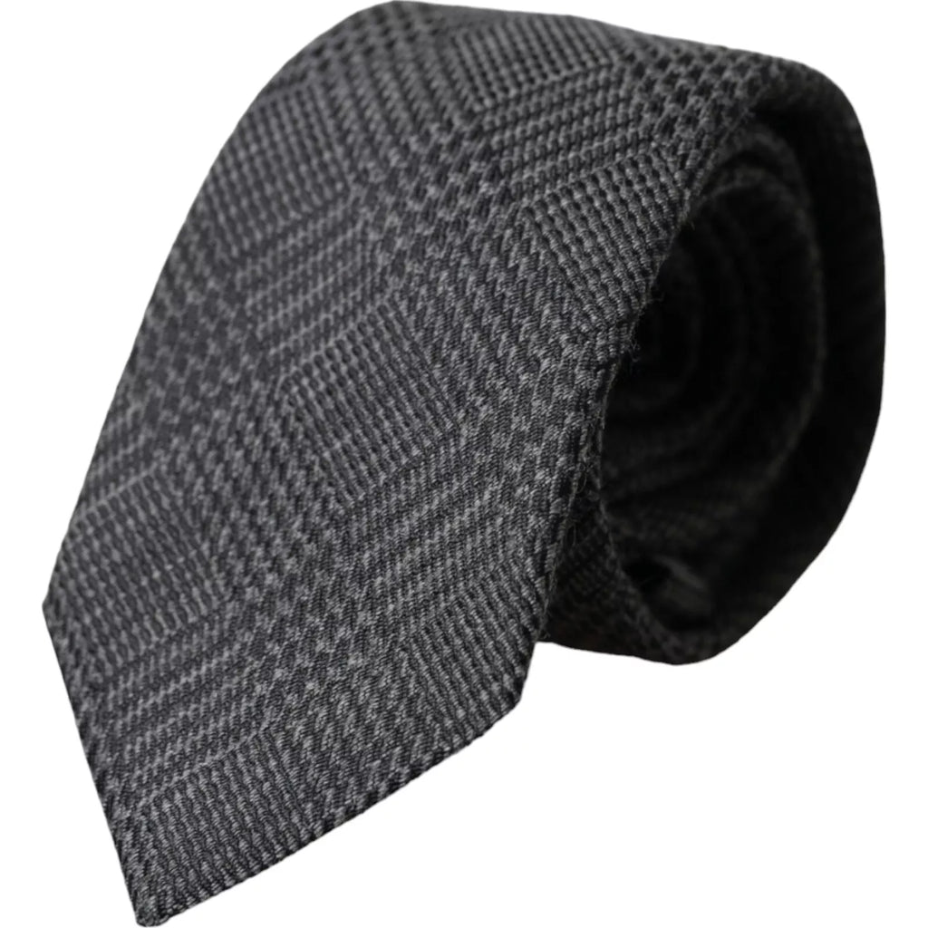 Dolce & Gabbana Dark Grey Plaid Patterned Silk Tie for Men, Adjustable