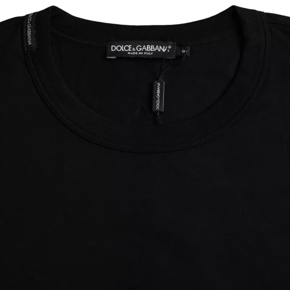 Dolce & Gabbana Black Cotton Crew Neck T-Shirt with Embossed Logo