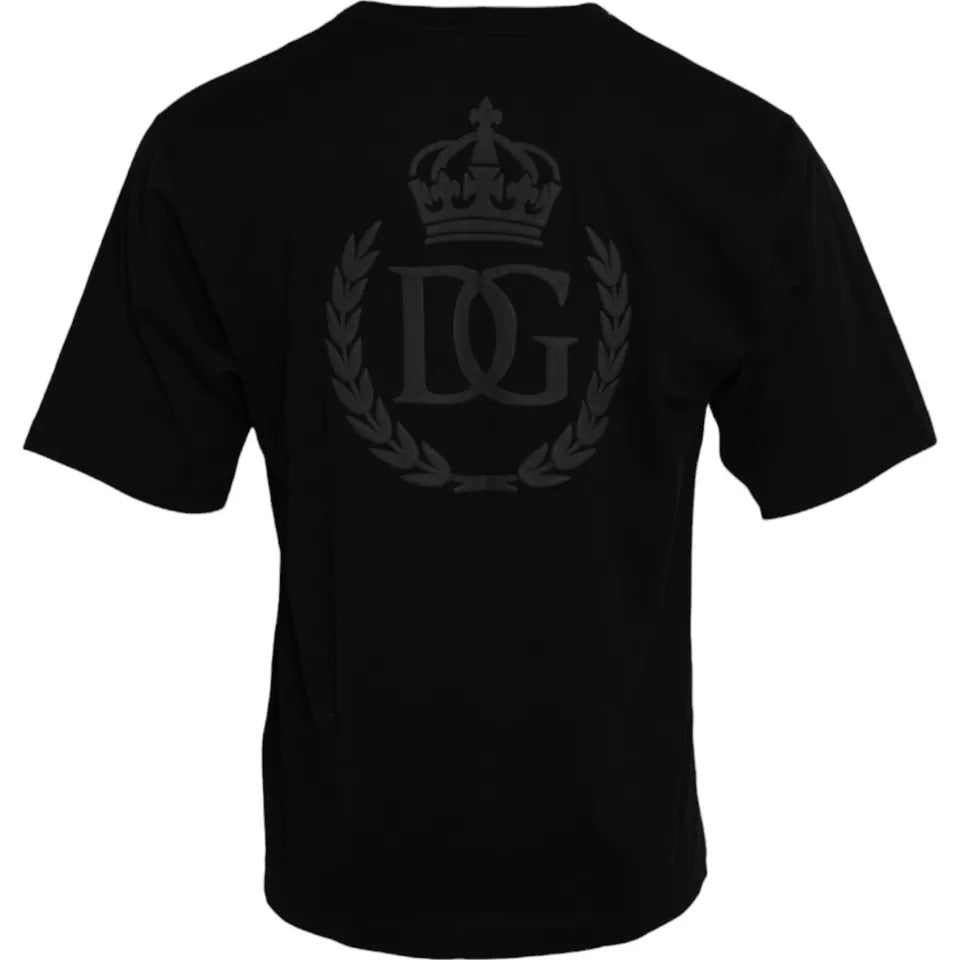 Dolce & Gabbana Black Cotton Crew Neck T-Shirt with Embossed Logo