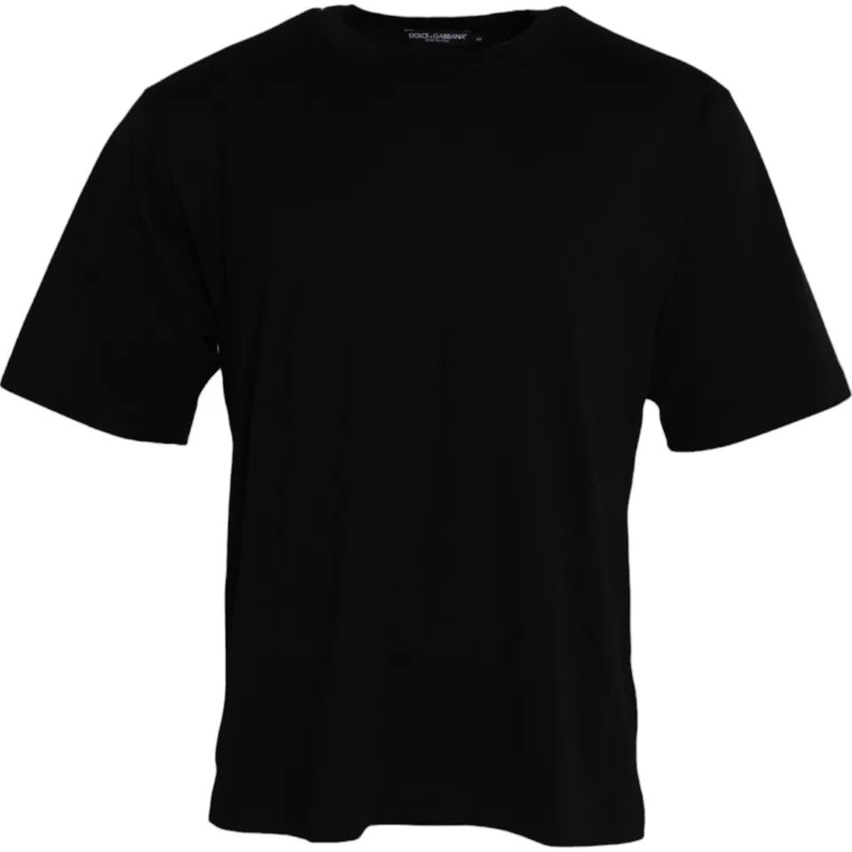 Dolce & Gabbana Black Cotton Crew Neck T-Shirt with Embossed Logo