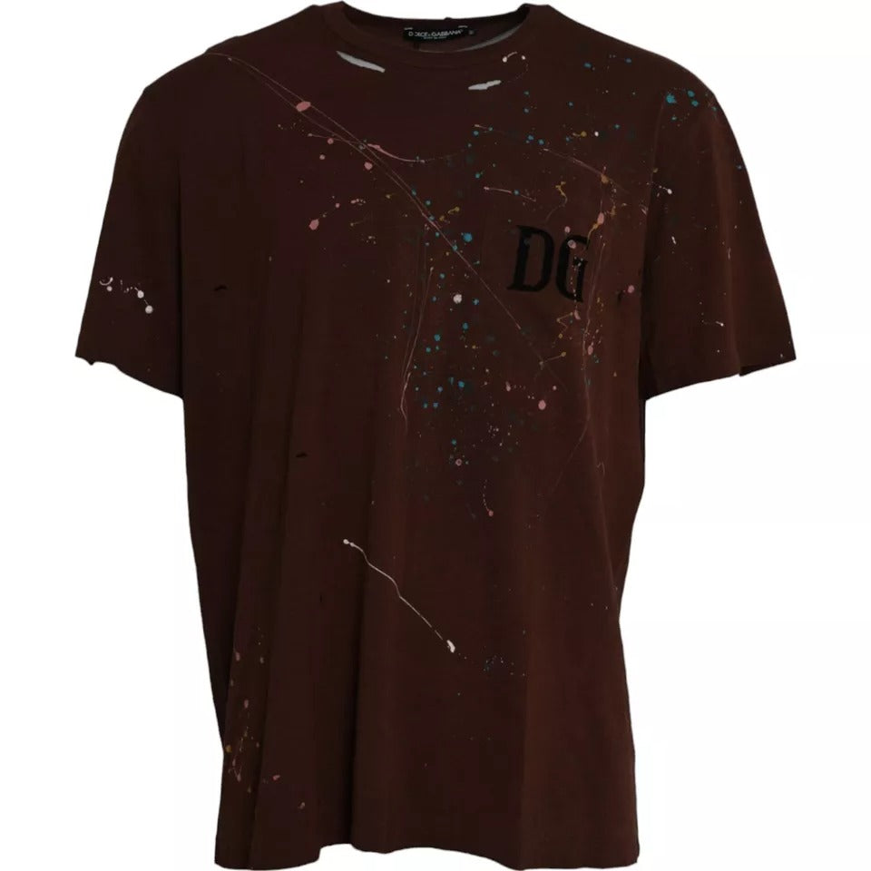 Dolce & Gabbana Brown Crew Neck Cotton T-Shirt with Paint Splatters