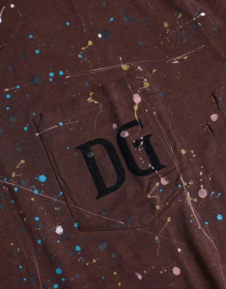 Dolce & Gabbana Brown Crew Neck Cotton T-Shirt with Paint Splatters
