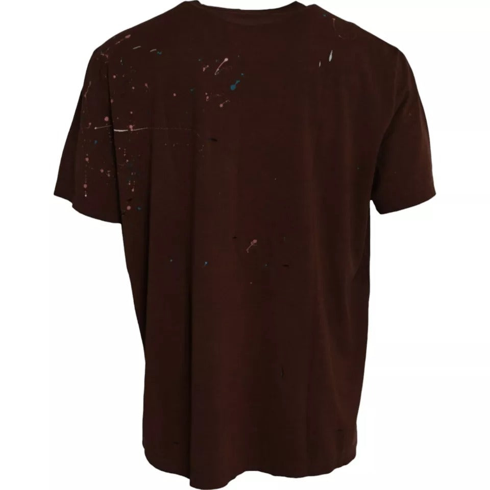 Dolce & Gabbana Brown Crew Neck Cotton T-Shirt with Paint Splatters