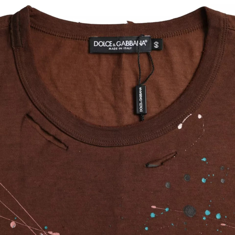 Dolce & Gabbana Brown Crew Neck Cotton T-Shirt with Paint Splatters