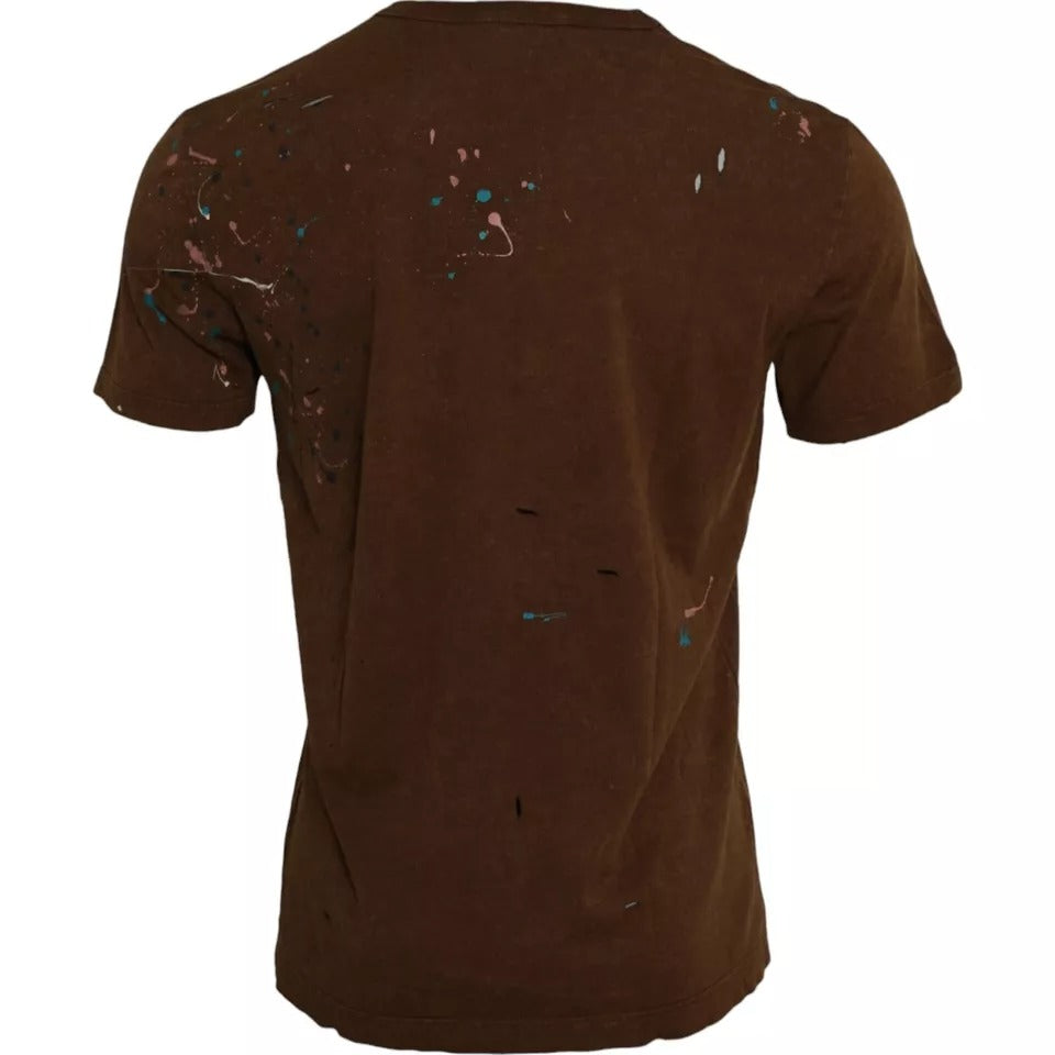 Dolce & Gabbana Brown Crew Neck Cotton T-Shirt with Paint Splatters