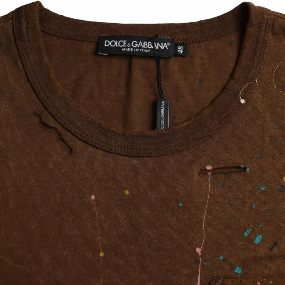 Dolce & Gabbana Brown Crew Neck Cotton T-Shirt with Paint Splatters
