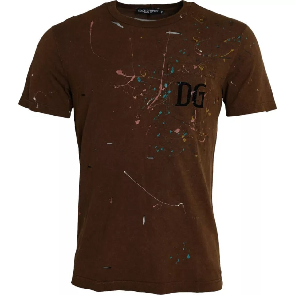 Dolce & Gabbana Brown Crew Neck Cotton T-Shirt with Paint Splatters