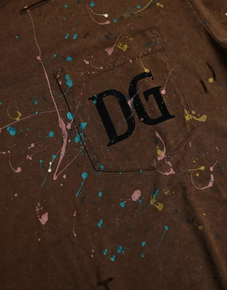 Dolce & Gabbana Brown Crew Neck Cotton T-Shirt with Paint Splatters