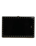 Dolce & Gabbana Black Leather Studded Gold Frame Clutch Evening Bag Handbag