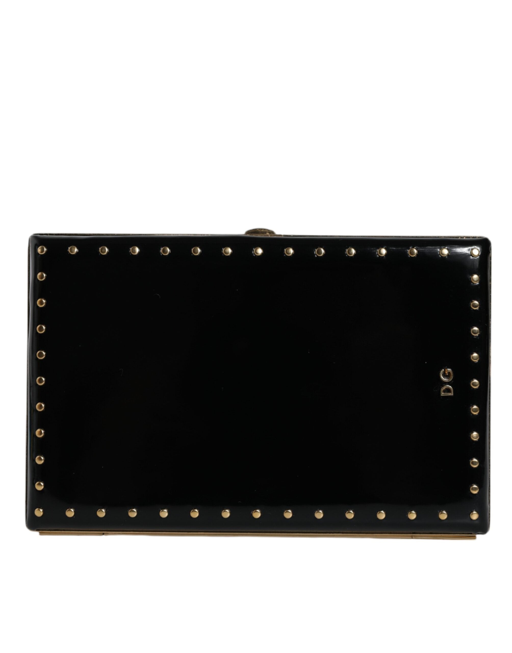 Dolce & Gabbana Black Leather Studded Gold Frame Clutch Evening Bag Handbag