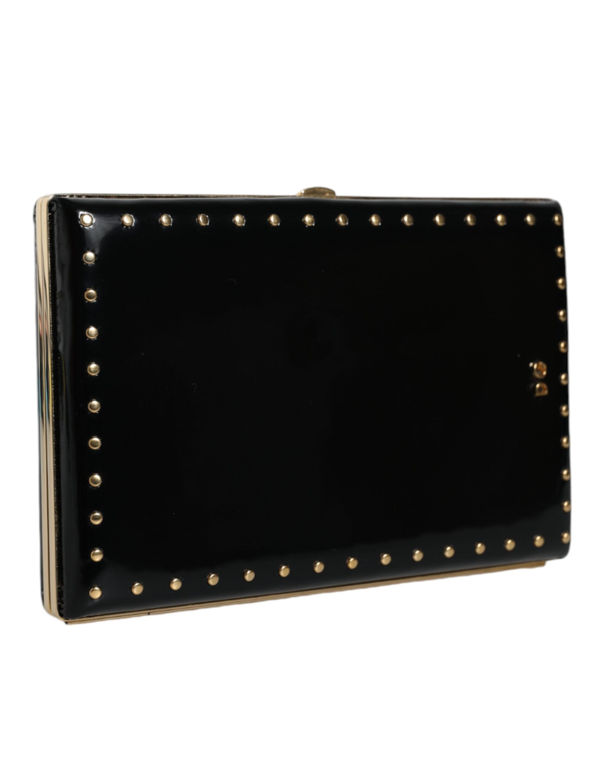 Dolce & Gabbana Black Leather Studded Gold Frame Clutch Evening Bag Handbag