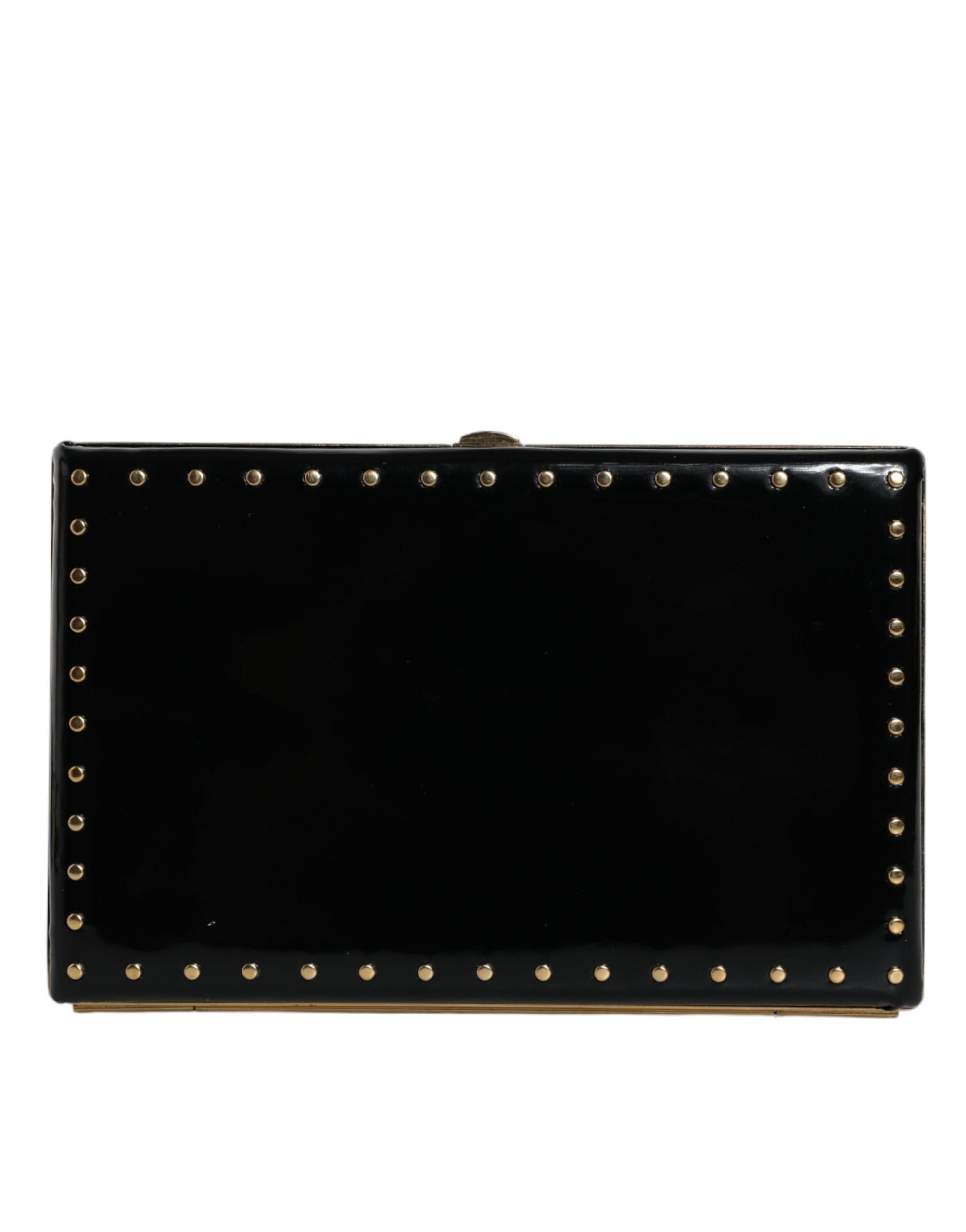 Dolce & Gabbana Black Leather Studded Gold Frame Clutch Evening Bag Handbag