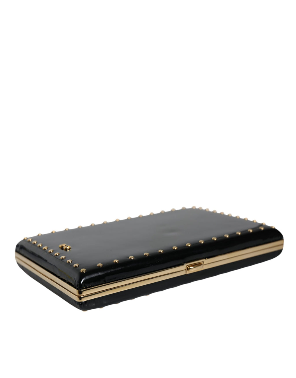 Dolce & Gabbana Black Leather Studded Gold Frame Clutch Evening Bag Handbag
