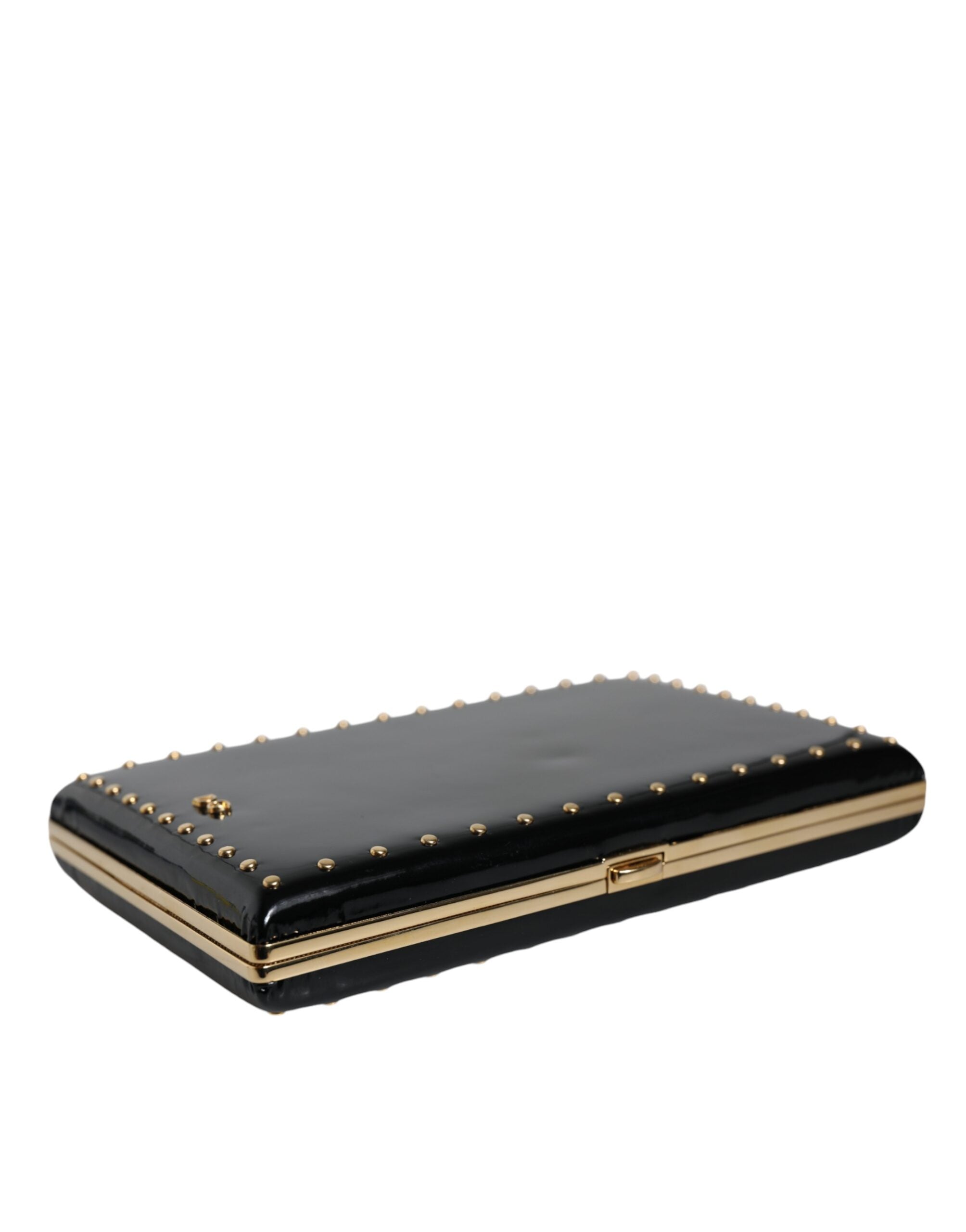 Dolce & Gabbana Black Leather Studded Gold Frame Clutch Evening Bag Handbag