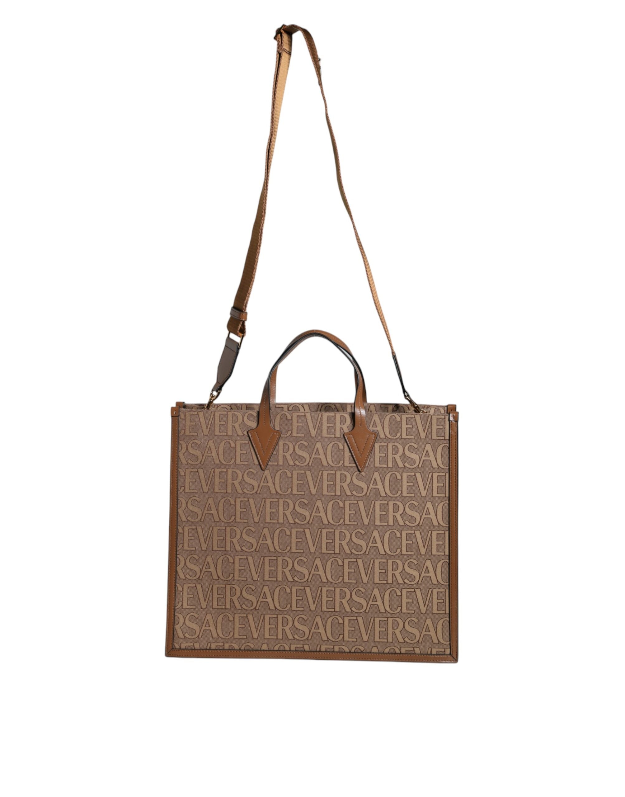 Versace Braune Jacquard-Leder-Logo-Crossbody-Tasche mit Obergriff