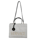 Versace Weiße Top Handle Canvas Leder Logo Crossbody Tote Bag