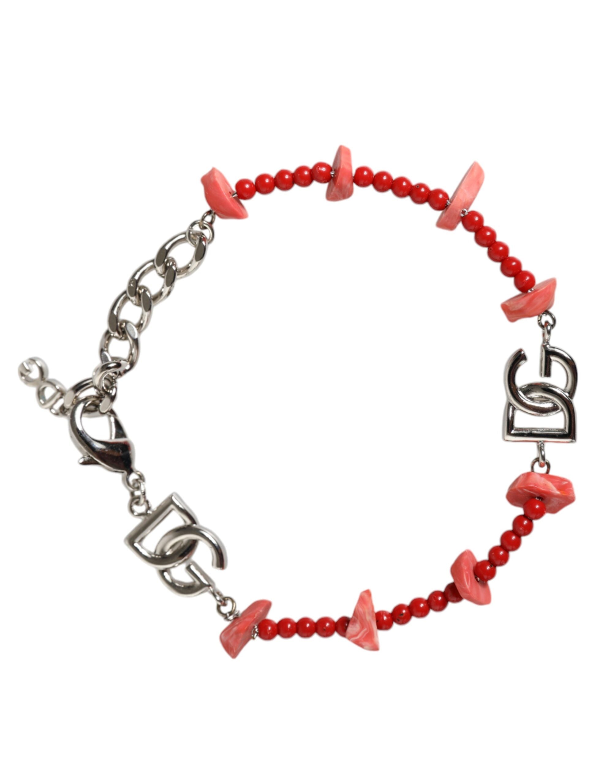 Dolce & Gabbana Silver-tone Brass Pearl Resin DG Logo Chain Bracelet